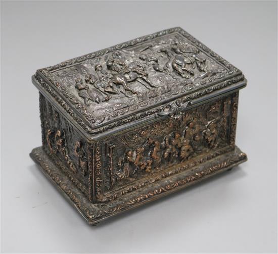 A Dutch plated casket, velvet-lined and decorated to cover and sides with equestrian and other figures